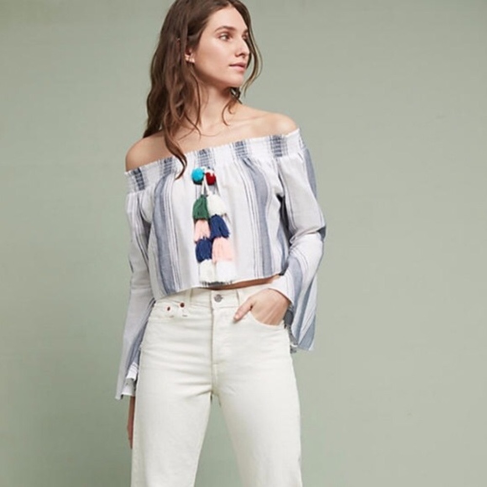 Off Shoulder Bell Sleeve Crop with Pom from Anthro